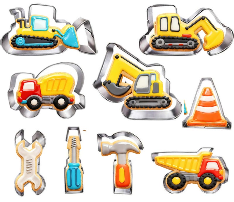 LUBTOSMN Construction Cookie Cutter Set-3 Inches-9 Piece- Excavator Digger Bulldozer Dump Truck Hammer Wrench Construction Tools Cutters Molds for Kids Construction Themed Party - Image 1